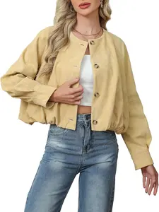SCOFEEL Women’s Cropped Faux Suede Jacket Casual Collarless Short Bomber Jackets Button Up Fall Spring Open Front Coat