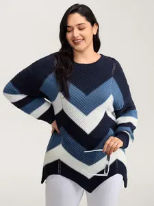 【 Oversized】 Bloomchic Indigo Colorblock Asymmetrical Hem Pullover - Loose Fit Long Sleeve Geometric Print Knitwear for Women Casual Winter Tops Fabric Flat Garment Womenswear cardigans