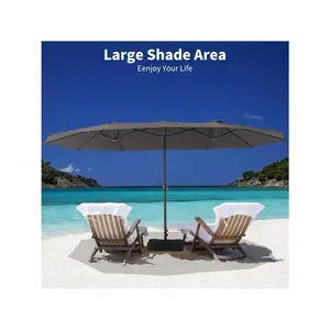 grey- 15FT Extra Large Rectangular Patio Umbrella, Outdoor Double Sided Rectangular Market Umbrella With Stand, With Base For Poolside, Backyard, Outdoor Cafe, Heavy Duty Cantilever Design