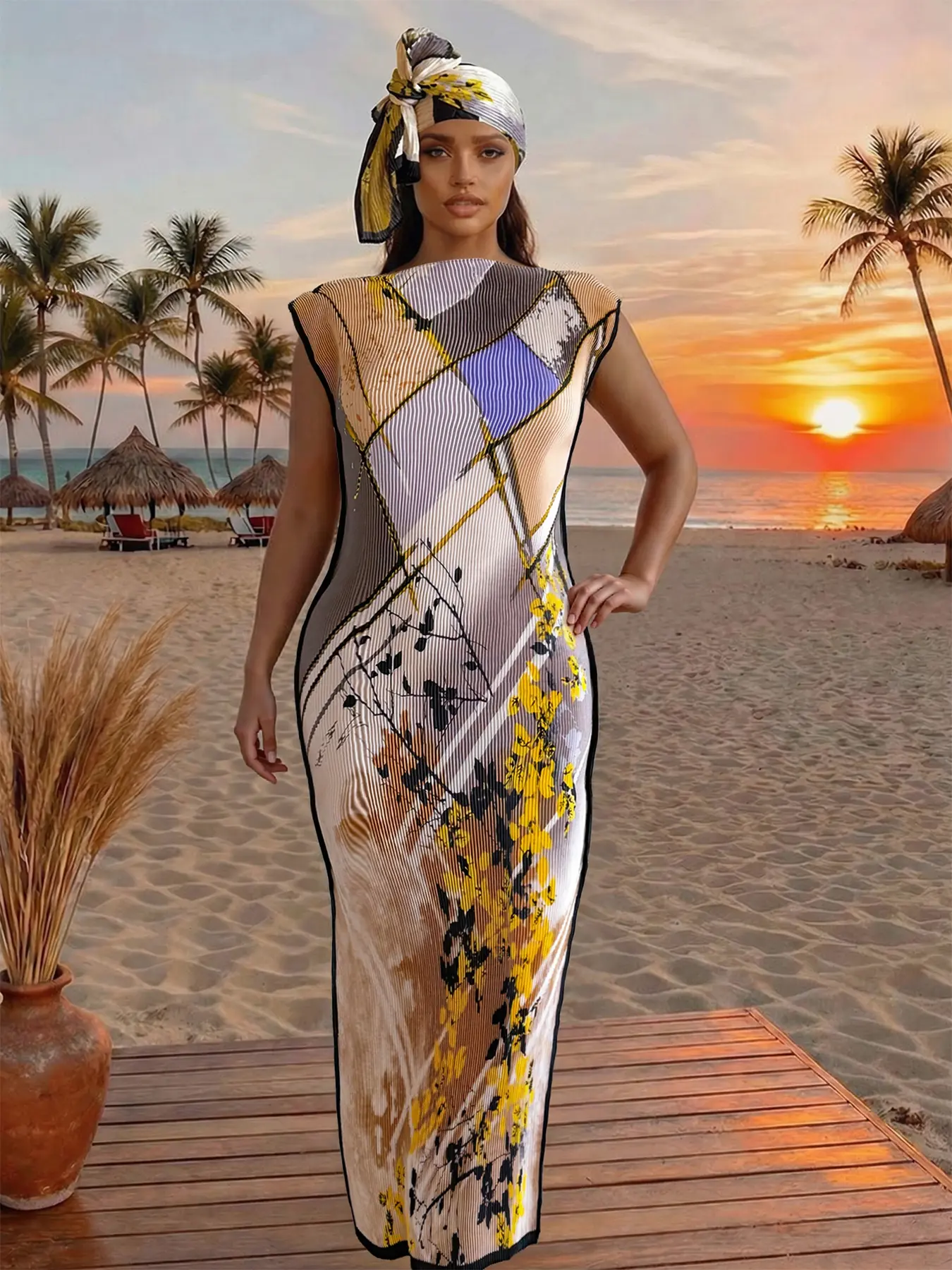 Women's Casual Slim Fit Long Dress Set, All-Over Printed Moo Moo Robe & Scarf, Beach Sun Protection Shawl, Summer Fashion