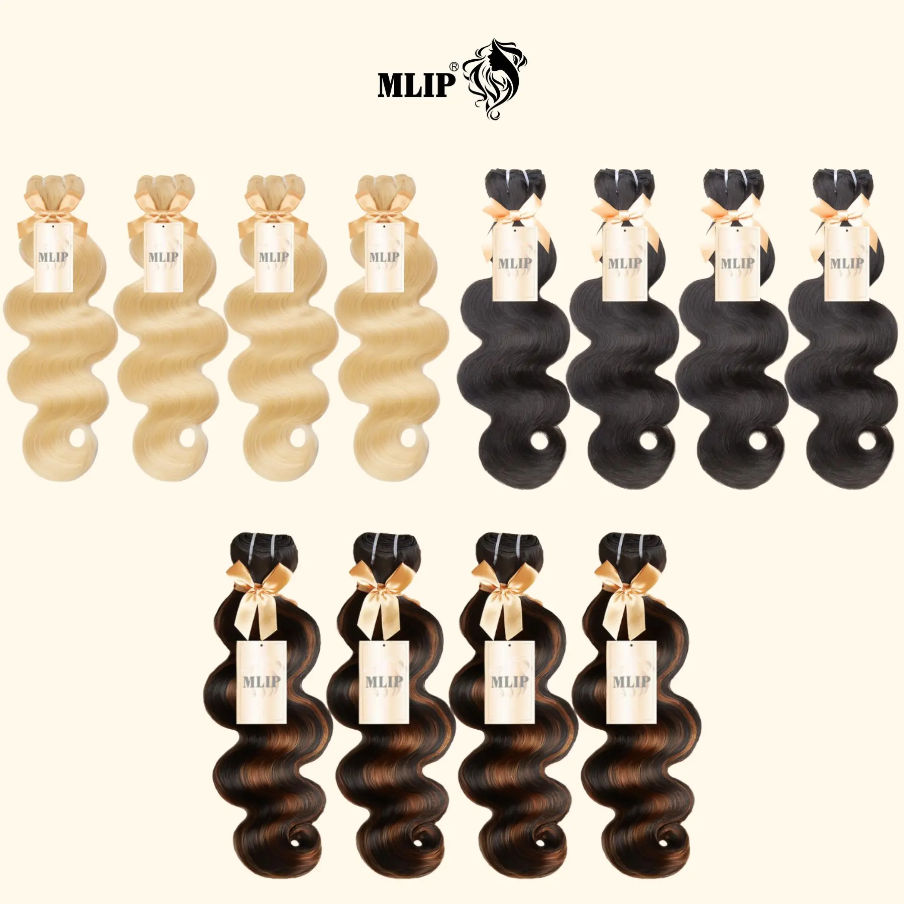 MLIP 15A Body Wave Human Hair Weave, 4 Bundles Raw Indian Remy Hair Extensions with 613 Blonde Piano Highlights for a Bouncy, Natural Look, Raw Remy Hair