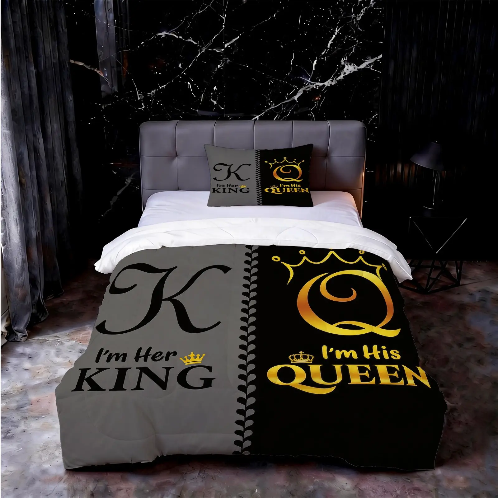 King & Queen Themed Couple Comforter Set, Decorative Bedding Set, 2/3 Pieces, Black & Gray Split Color Design Quilted Double Bed Size Comforter with Pillowcases, No Pillow Insert, Valentine's & Anniversary Printed Bedding Set for Couples Bedroom Decor