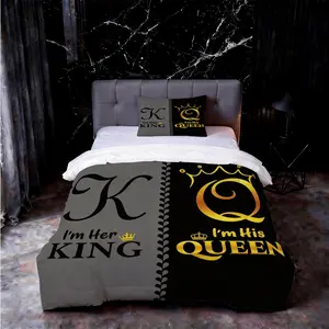 King & Queen Themed Couple Comforter Set, 2/3 Pieces, Black & Gray Split Color Design Quilted Double Bed Size Comforter with Pillowcases, No Pillow Insert, Romantic Valentine's & Anniversary Gift Bedding Set for Couples Bedroom Decor
