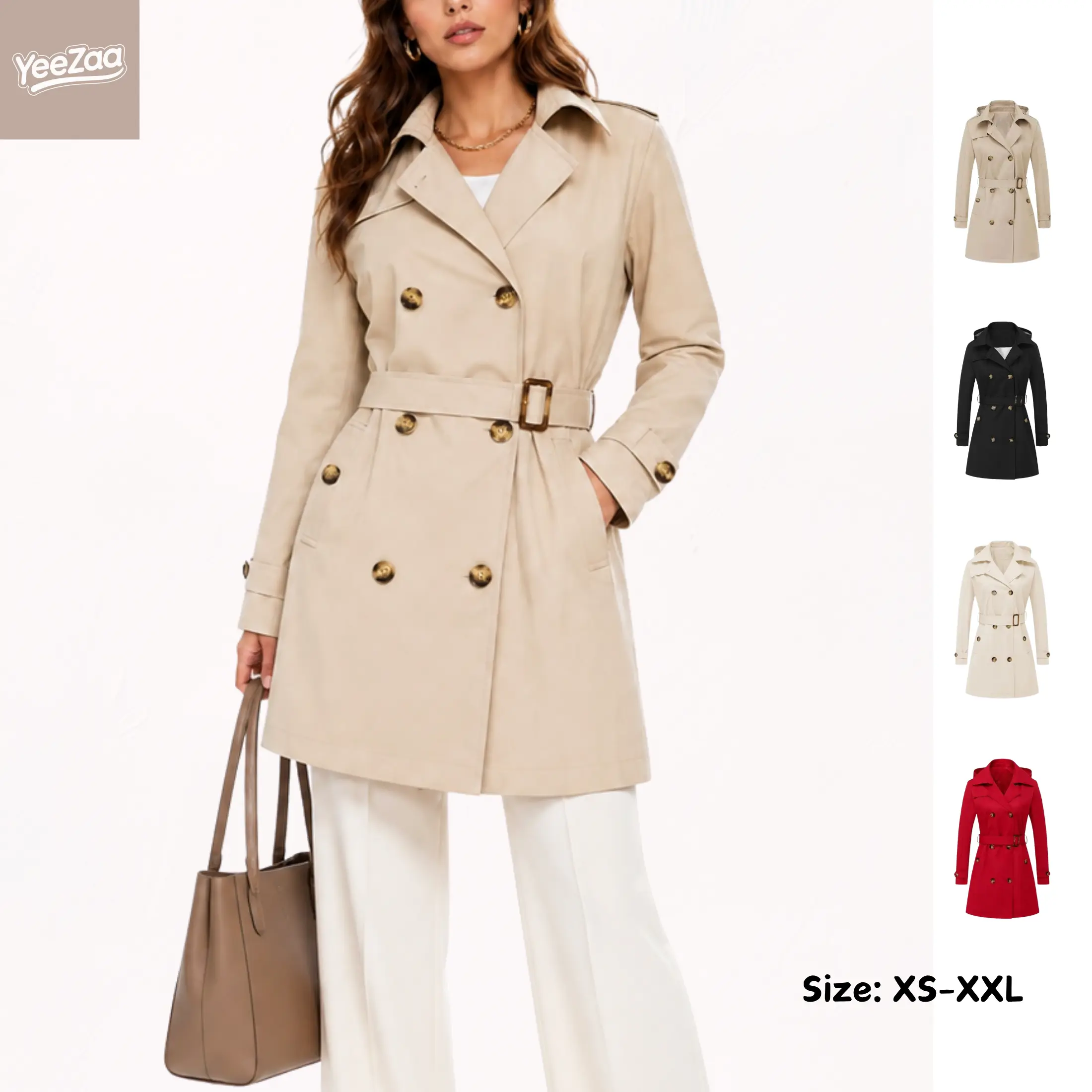 YeeZaa Women's Long Trench Coat Double-Breasted Classic Lapel Overcoat Slim Outerwear Coat with Detachable Hood High Collar Fall Winter Coats 2026 Trendy Outfit with Belt