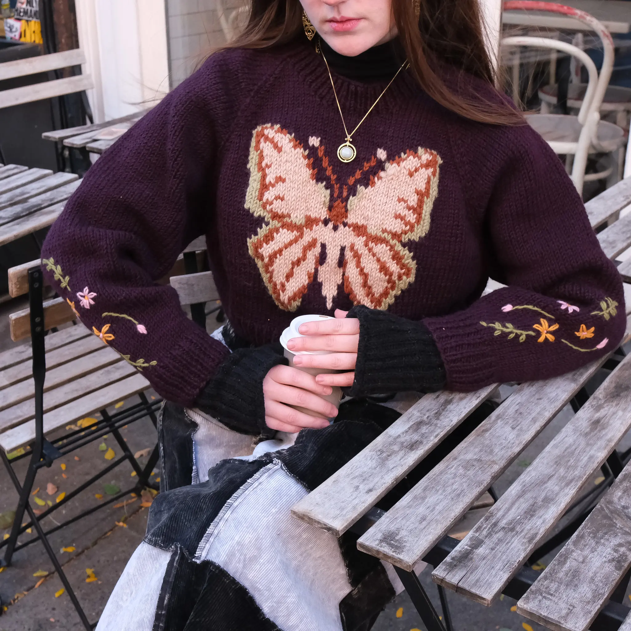 Hand Knitted Wool Crop Top Sweater, Butterfly Knit Design & Floral Embroidery, Cozy Handmade Boho Cottage core Jumper, Warm Winter Jacket
