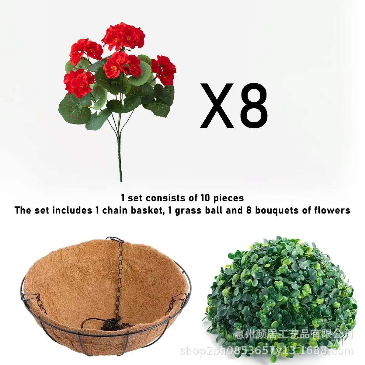Artificial Begonia Flower Hanging Plant Basket, Hanging Coconut Fiber Flower Basket, Garden Decoration, Artificial Geranium Flower