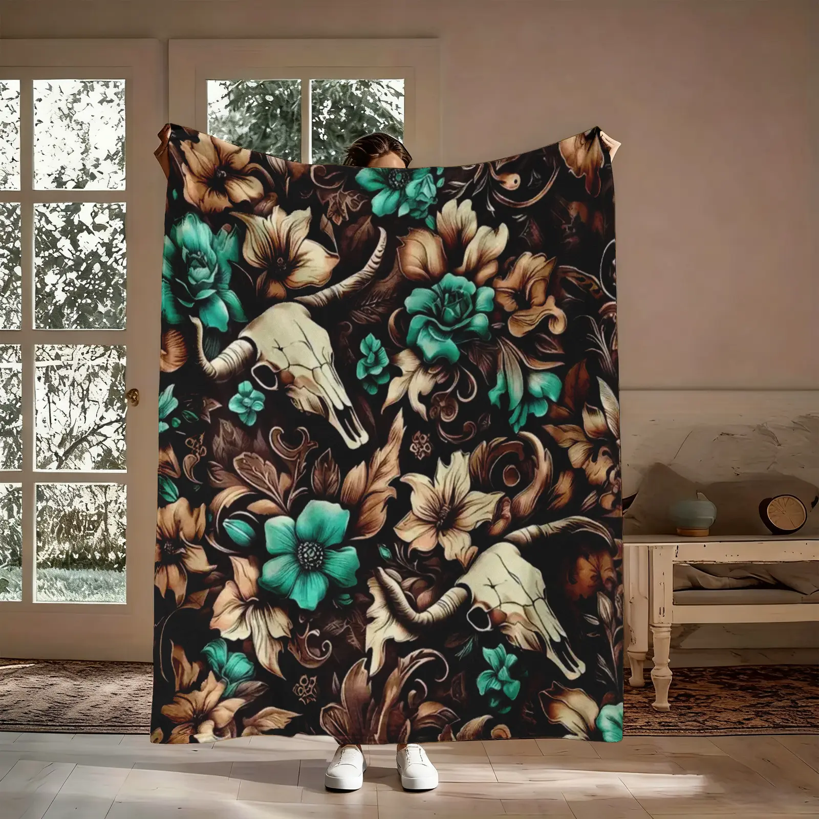 Western Bull Skull Turquoise Pattern Blanket, 1 Count Soft Warm Flannel Throw Blanket, Cozy Nap Blanket for Home Office Travel