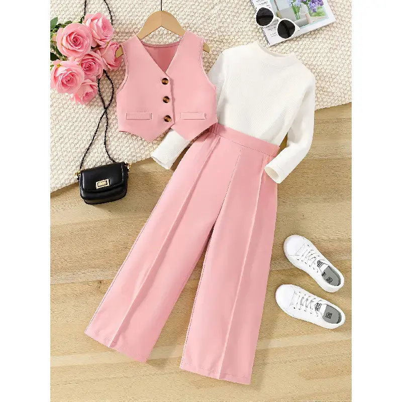 Girls' Polyester School Uniform Set - 3-Piece Female Outfit with Pink Vest, Round Top, Wide-Leg Pants 9-10y, 11-12y Students (Suitable Spring & Autumn)