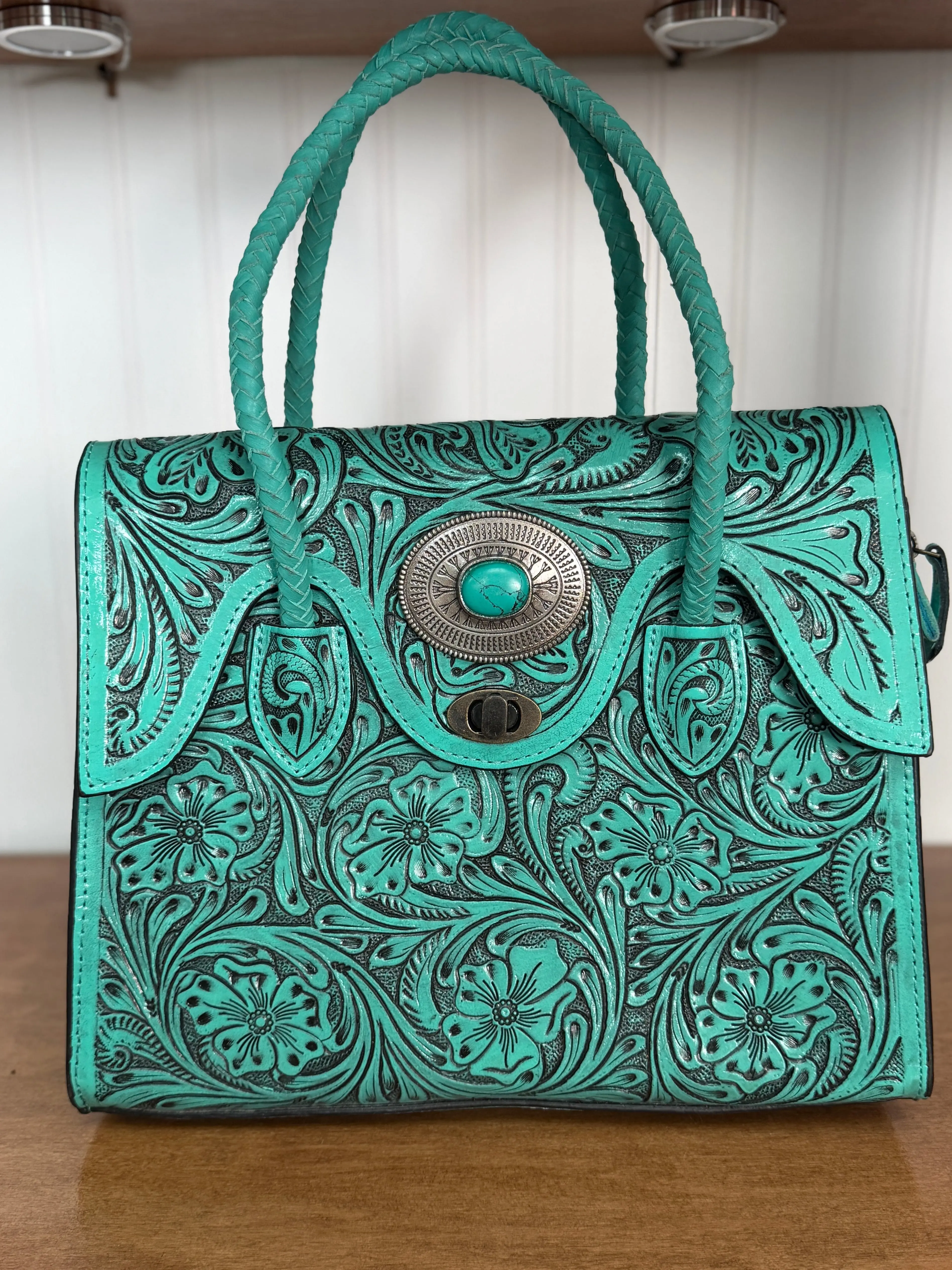 Turquoise Hand-Tooled Genuine Leather Handbag