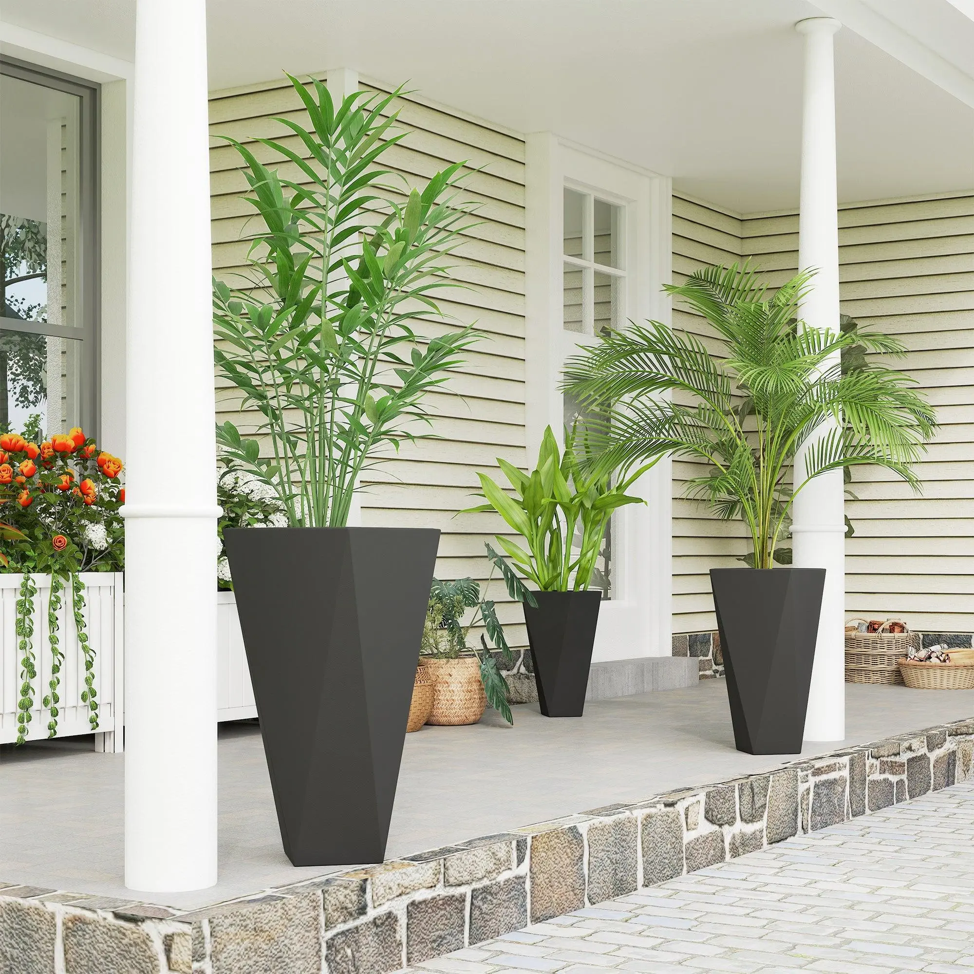 Tall Planters Set of 3 – MgO Stackable Flower Pots with Drainage, Black