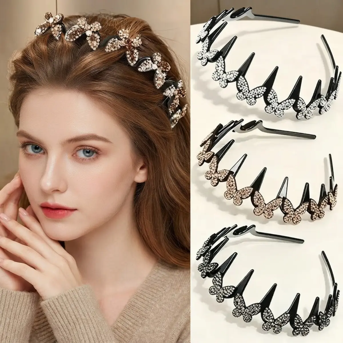 4 Pcs Crystal Butterfly Headbands with Clips, Rhinestone Wavy Tooth Comb Hair Hoop, Sparkling Bling Non Slip Braided Hair Clip Headbands for Women Girls, Elegant Wedding Party Daily Wear Fashion Hair Accessories Gifts, Black Multi Pack