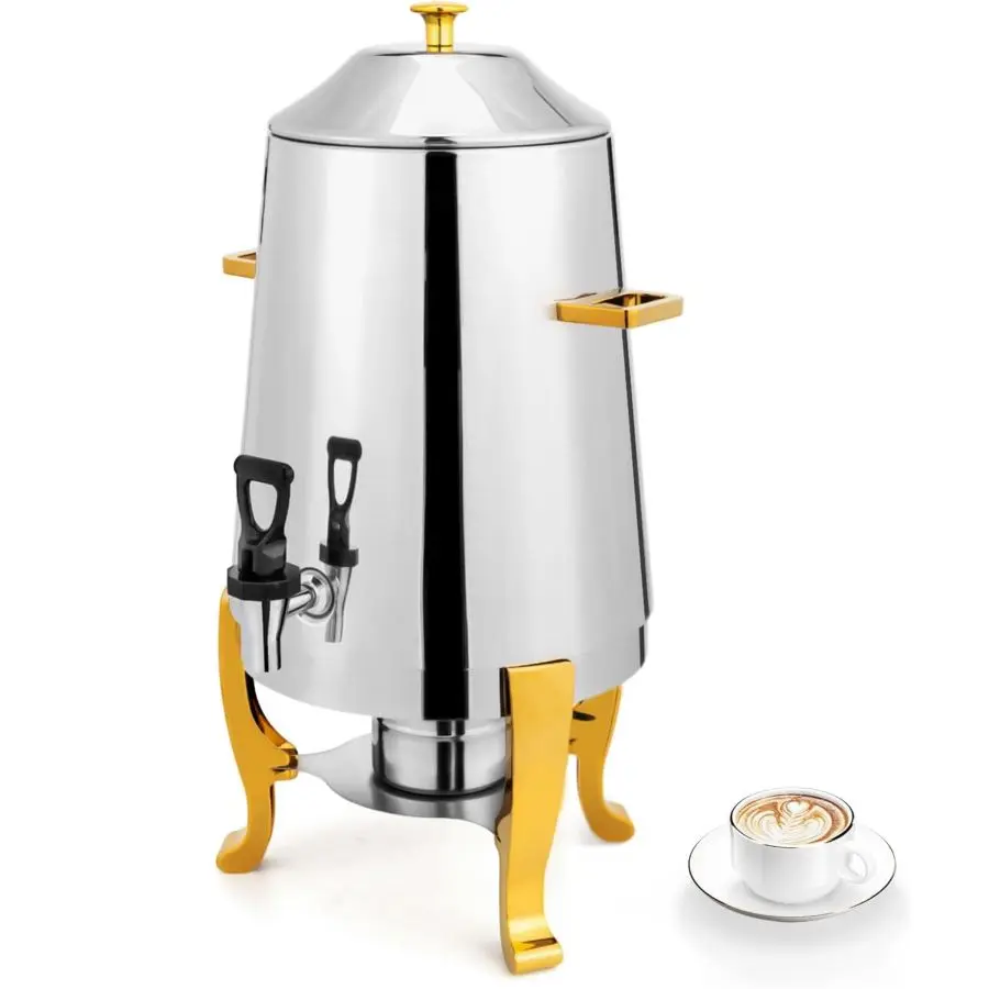 ROVSUN 3.5 Gallon/13L Beverage Dispenser Gold Accent, Stainless Steel Coffee Chafer Urn with Fuel Holder, Drink Dispenser with Ice Container Spigot, Hot & Cold Drinks for Party Catering Event