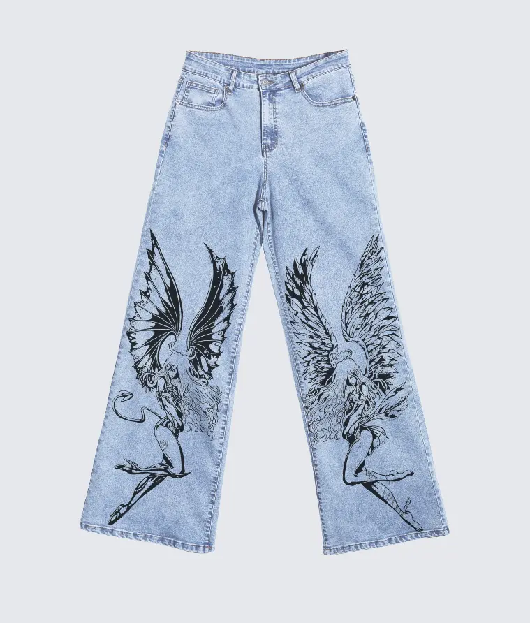Demon Angel Fairy Twin Wings Gothic DTG Print Wide Leg Jeans High Waist Baggy Light Blue Denim Pants Y2K Alt Streetwear