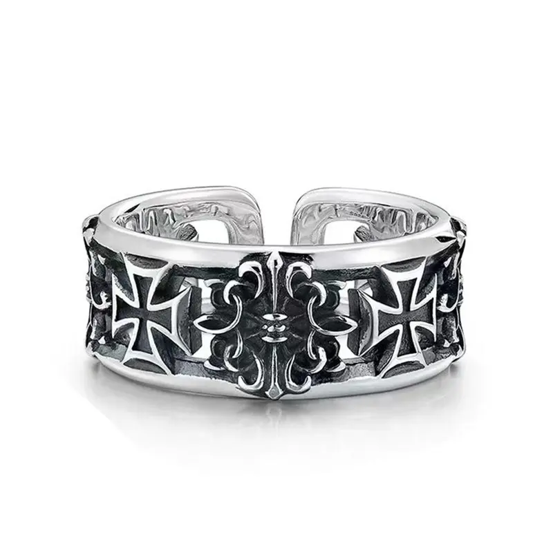Retro cross trend ring men's punk style niche single ring personalized high-end ring opening adjustable