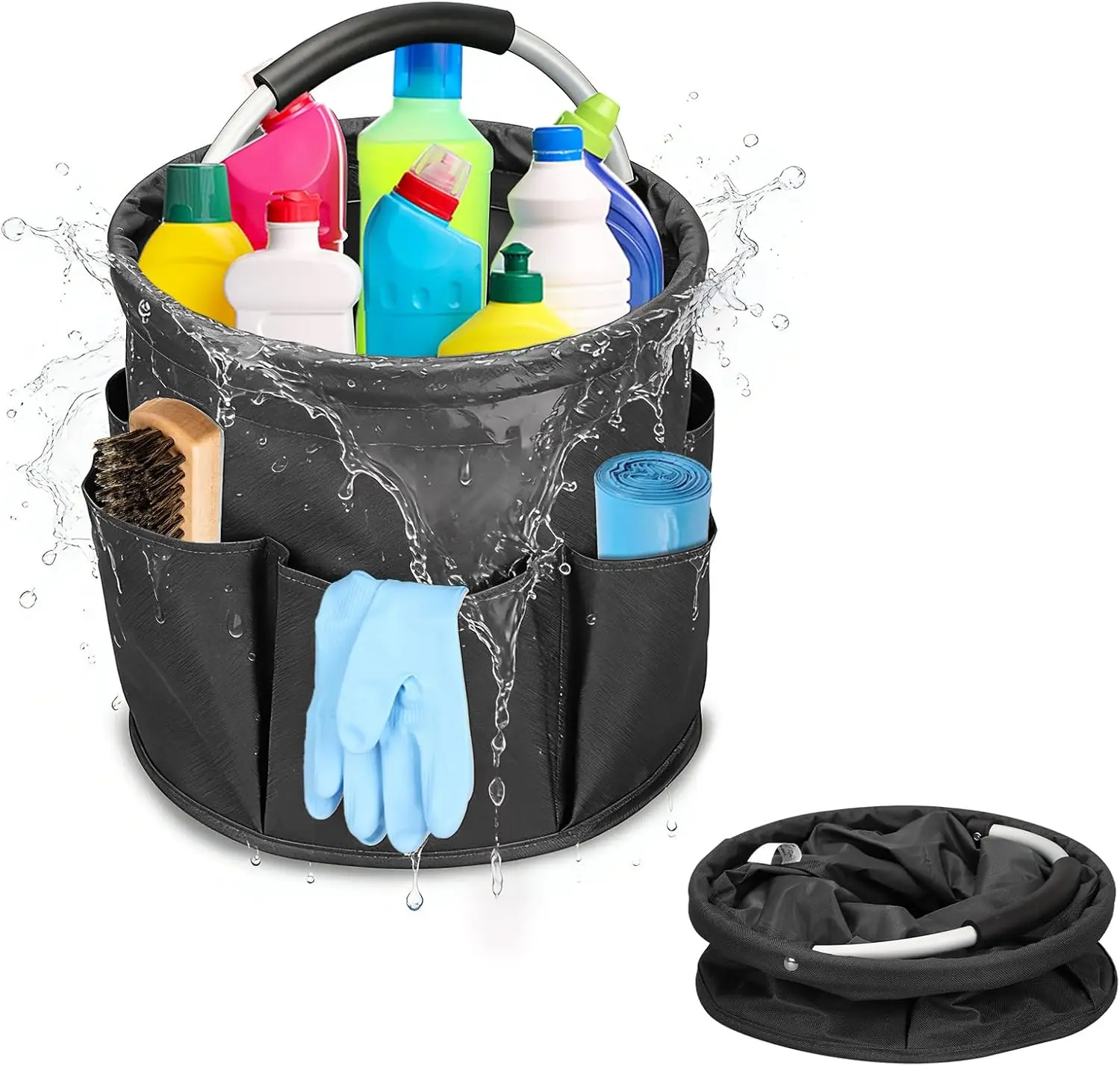 17L Cleaning Caddy with Handle, Cleaning Supplies Organizer, Foldable Storage Basket, Cleaning Supply Caddy, Portable Multi Cleaning Bucket Bag for Home, Garden (Black)