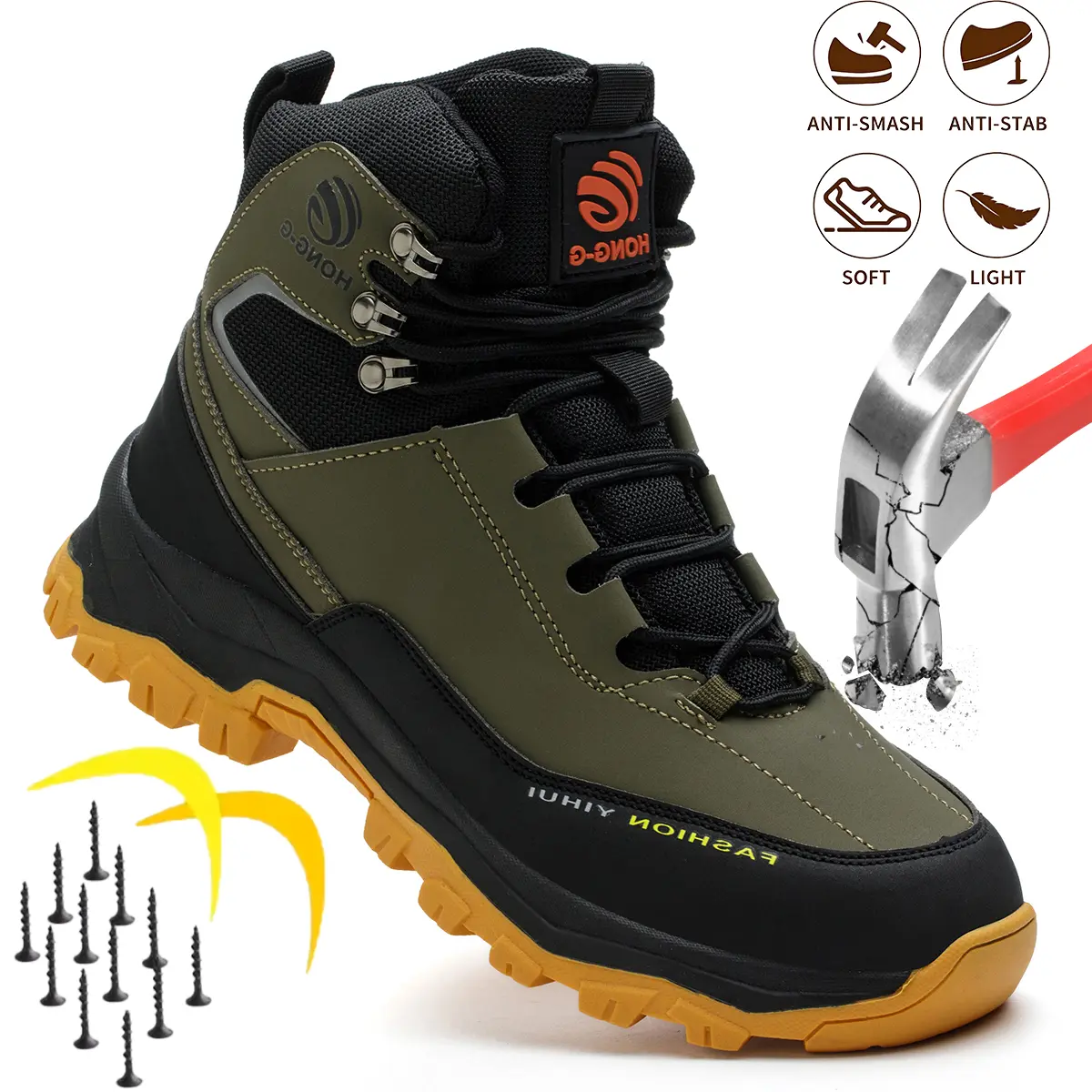 Men's Round Toe Minimalist Lace-Up Steel Toe Safety Shoes - Anti-Smash, Anti-Puncture, Lightweight, Breathable, Wear-Resistant All-Seasons Safety Gear for Construction, Warehouse Work