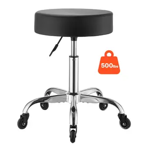 VEVOR Rolling Stool with Wheels, 500 lbs Weight Capacity, Height Adjustable, Quiet Casters, Thick Cushion Ergonomic PU Leather Seat, 360° Swivel Round Rolling Stool Chair for Salon, Clinic, Black
