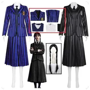 The Addams Family Wednesday Cosplay Costume Girl School Black Uniforms Suit Dress Woman Halloween Party Clothes Wig