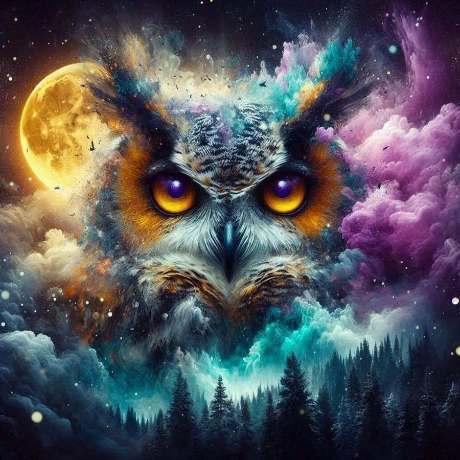 5D DIY Full Drill Round Diamond Painting - Diamond Art Kit Owl, Full Moon, Forest Mosaic, Diamond Pattern Design, Canvas DIY Decorative Painting, Home Wall Decor, Handicraft, DIY Craft Supplies, Valentine's Day, Birthday, Anniversary gifts