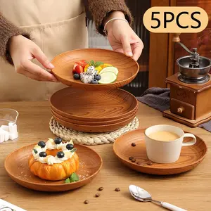 5pcs Wood Grain Color Dinner Plates, Thick Plastic Salad Plate, Salad Serving Plates, Plastic Food Plates, Bread Sandwich Plate, Breakfast Tray, Family Dining Set, Party Outdoor Camping Use, Elegant Plastic Plates