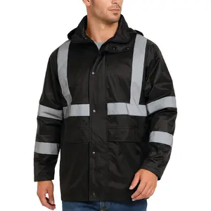Mens Rain Jacket - Waterproof Hooded High Visibility Safety Coat with