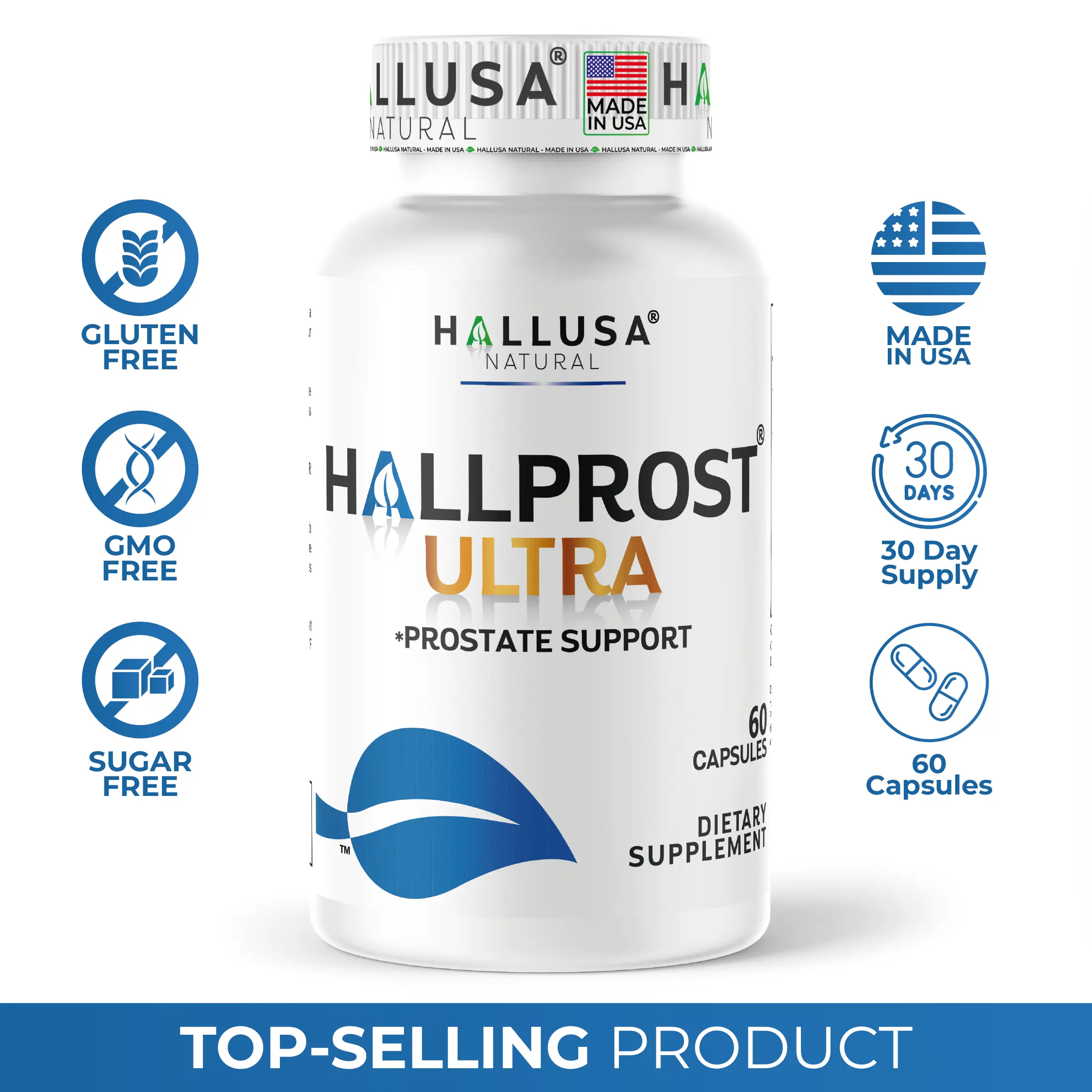 HALLUSA NATURAL HALLPROST ULTRA Prostate Healthcare Daily Supplement, 60 Capsules with Saw Palmetto, Organic Ingredients, Magnesium, Pumpkin Seeds, Gluten-Free, Sugar-Free, Non-GMO Vitamin Complex for Body Health