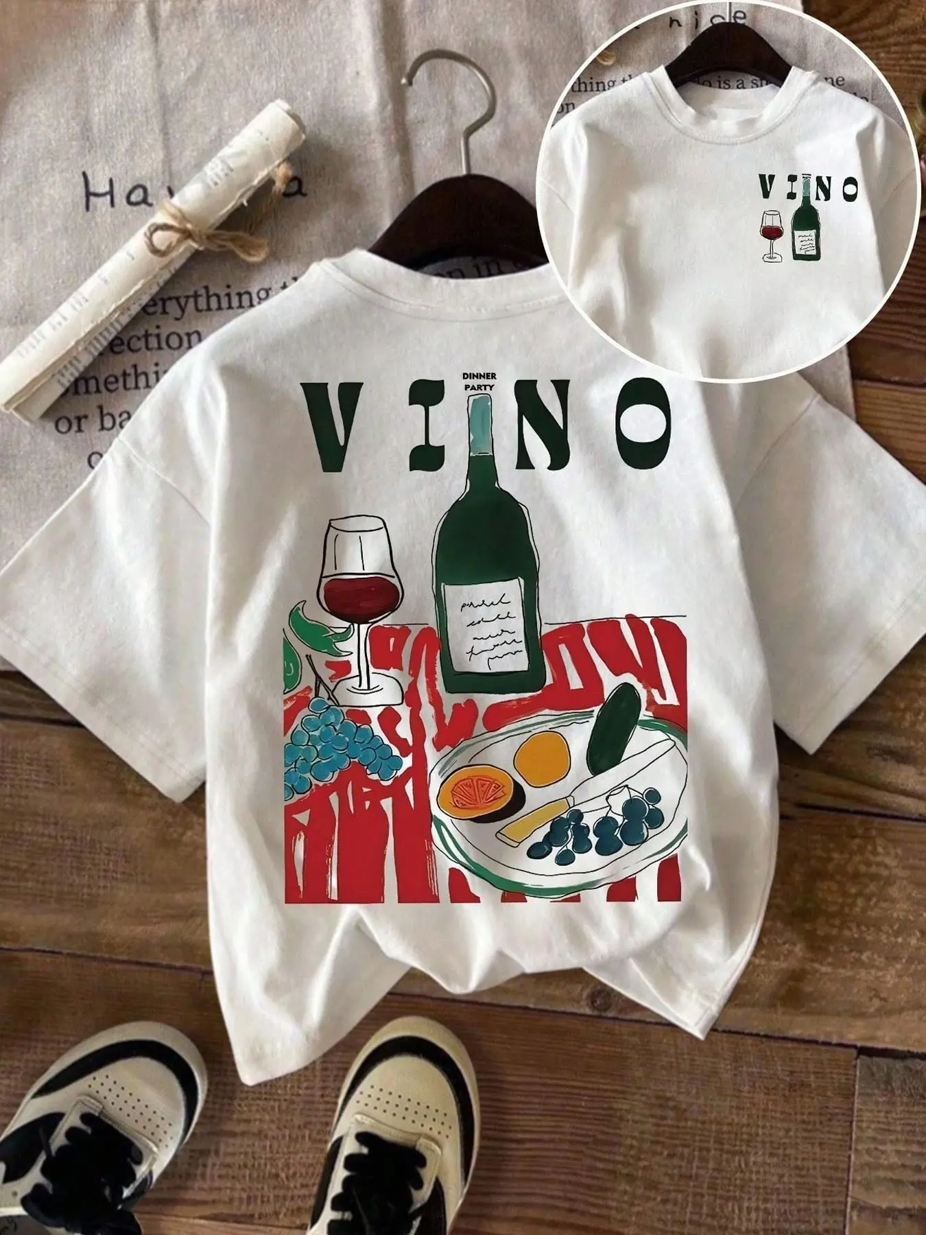 Women's Trendy Casual Streetwear Summer T-shirt, Retro Wine Party Graphic Print, Oversized Fit with Breathable Cotton Fabric, Ideal for Dinner Gatherings & Daily Casual Occasions