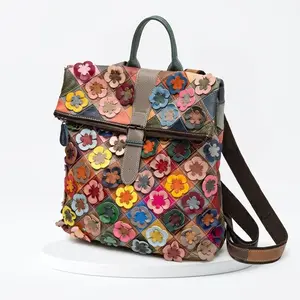 Women's Vintage Patchwork Backpack with 3D Flower Applique and Adjustable Straps