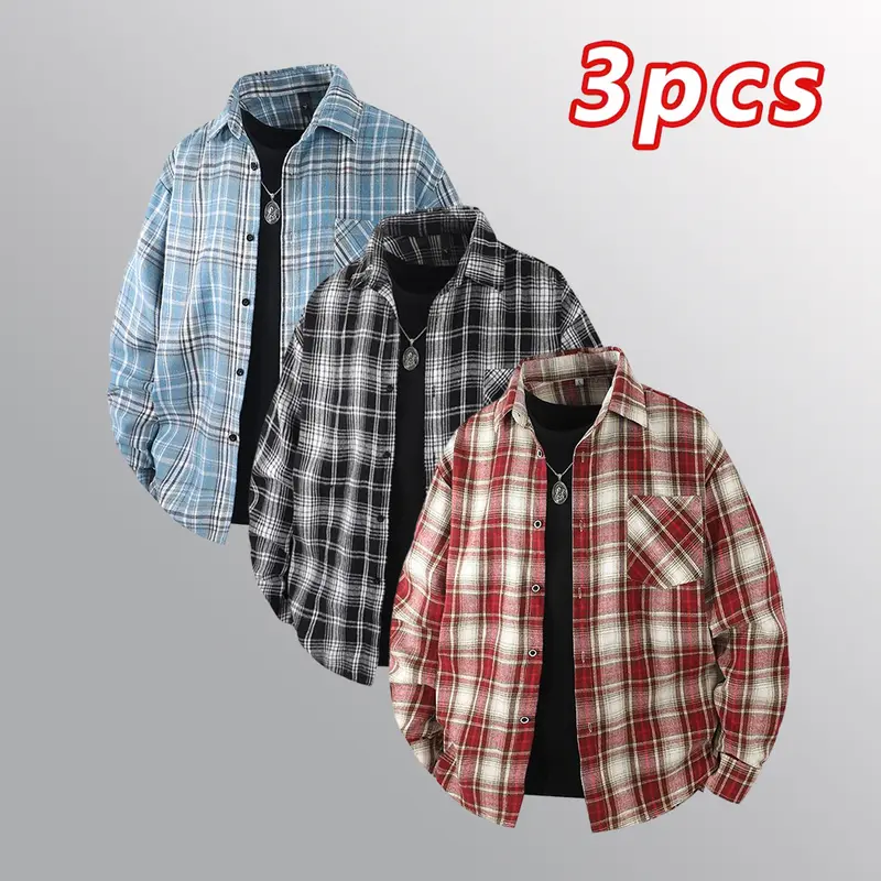 3 Piece Spring & Autumn Plaid Collared Shirt for Men, All Season Loose Fit Long Sleeve Button Front Placket Striped Dress Shirt, Machine Washable Casual & Formal Wear Suitable for Daily & Semi-Formal Occasions