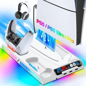 Cooling Station & Stand for PS5 / Slim / Pro – Auto-Control Cooling Fan for Digital & Disc Consoles, PS5 Controller Charger Dock with 9 RGB Light Modes, 5-in-1 Gaming Accessories Station for Console Cooling, Charging & Storage