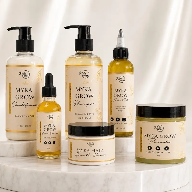 Myka Grow Full Set , 10 oz Shampoo & Conditioner for Healthy Hair Growth , 8 oz Pomade , 4 oz Hair Growth Oil ,5 oz hair Growth Cream , 2oz Hair Growth Serum