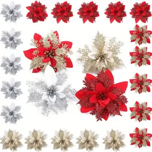 20pcs Christmas Artificial Ivy Decorations with Clips & Bendable Stems, Glitter Plastic Flowers for Tree Wreath Wedding Holiday DIY Crafts Decorative Flowers Ornaments