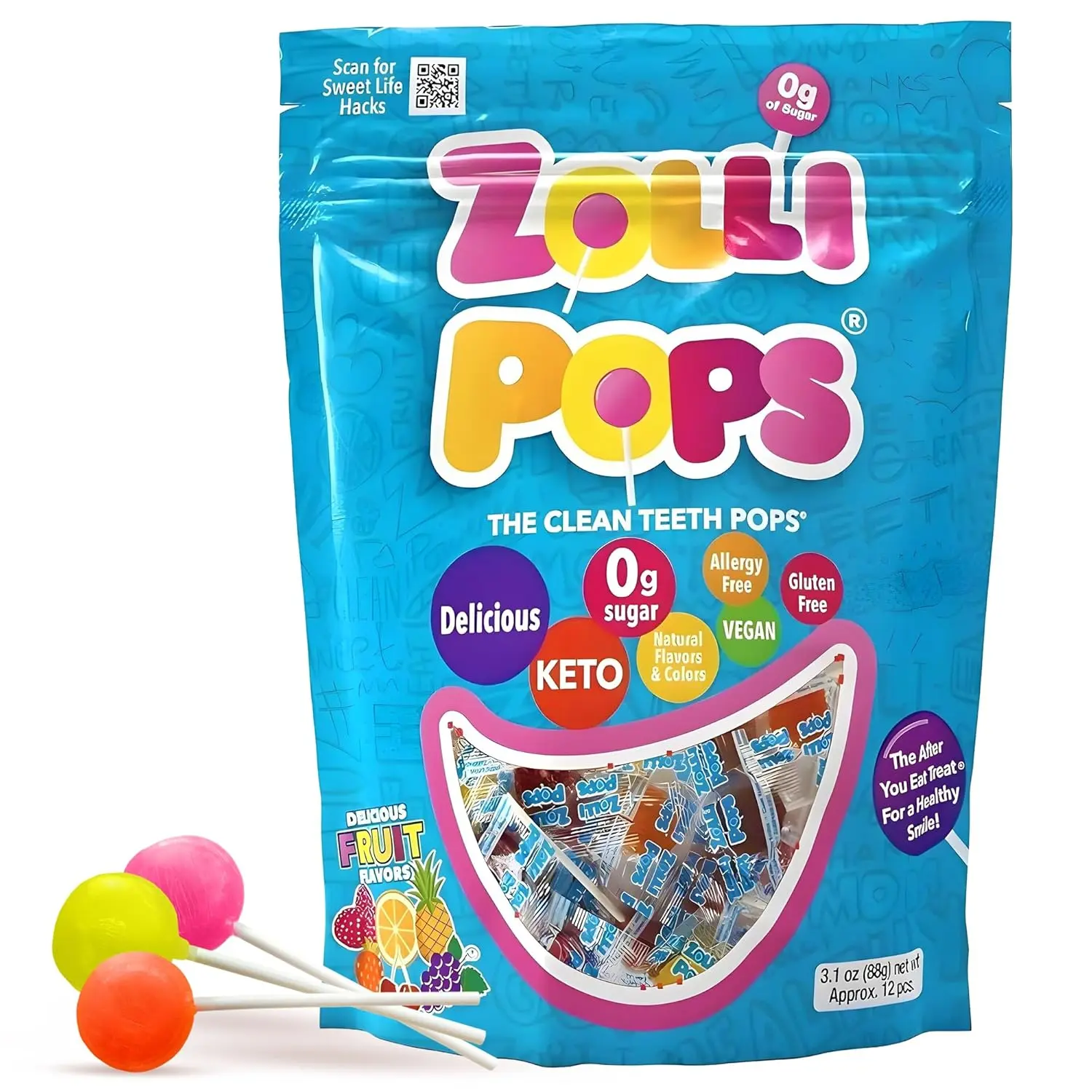 Zollipops Clean Teeth Lollipops - Sugar-Free Anti-Cavity Candy, Natural Fruit Variety, 3.1 oz - Ideal for Kids, Keto Diet Followers
