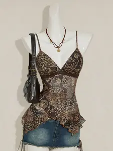 ICON Women's Vacation Cashew Floral Print Ruffled Strap Camisole 4th Of July Women Outfits Cute Summer Tops Going Out Tops