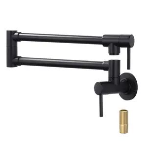WOWOW Brass Wall Mount Pot Filler with Double Handle, 2-aerators and Swing Arms Folding Kitchen Faucet in Matte Black