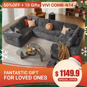 【3 Packages Shipping】Ovios Sectional Cloud Couch Modular Floor Sofa with Plush Corduroy, No Assembly Required, U-Shaped Design, High-Resilience Foam Cushions, Big Comfort