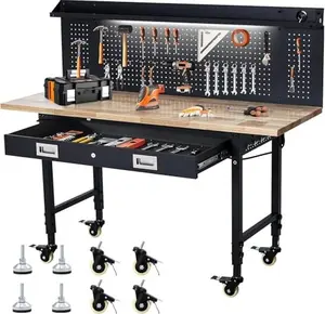 60" Adjustable Height Heavy-Duty Workbench, 2000Lbs Rubber Wood Top, Built-in Power Outlet, Spacious Tool Storage Drawer, 4 Lockable Wheels, Versatile for Garage, Workshop, Office & Commercial Use