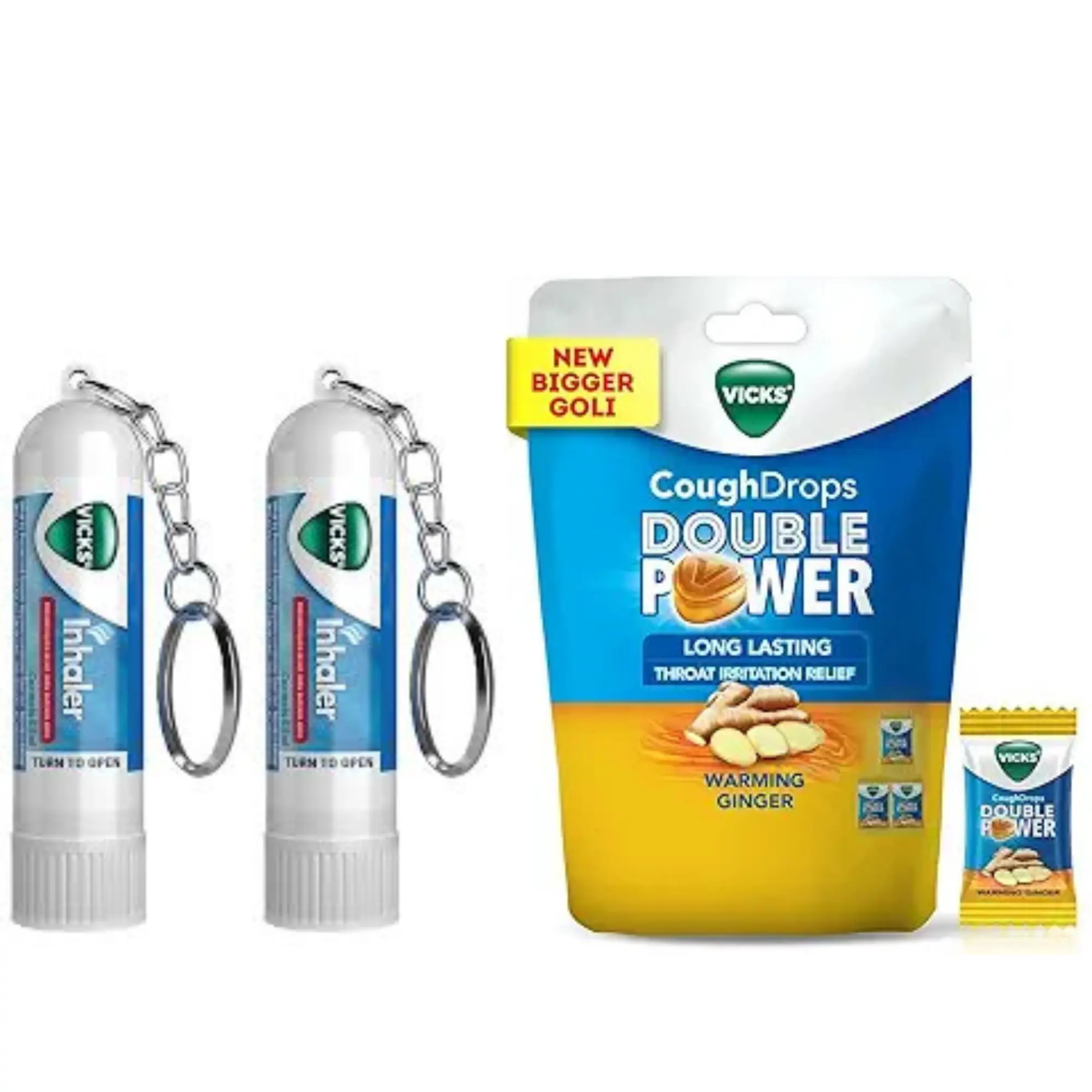 Vicks Double Power Cough Drops 25ct + 2 Vicks Inhalers 0.02oz/0.5ml each Combo for Fast Relief - Effective Cough Relief Formula nasal stick