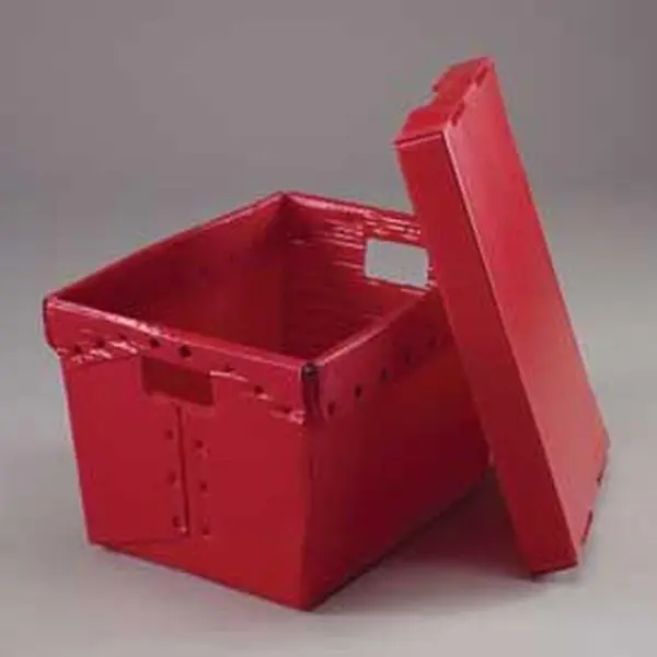Global Industrial 257920RD Red Water-Resistant Dustproof Portable Corrugated Plastic Postal Mail Tote Boxes with Lid, 18.5x13.25x12in, Hand & Fitting Compatible, 30 lbs Capacity, USPS-Compliant, Pack of 10, Rectangle
