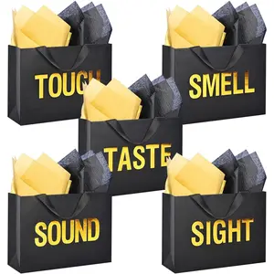Large 5 Senses  Bags for Him Her,  Foil Sight Smell Touch Taste Sound  Bags,Five Senses  Bag for Him with Handles and Tissue Paper for Birthday, Mothers Day, Anniversary, Christmas 12.6 x 8.7 x 4 Inch (Black)