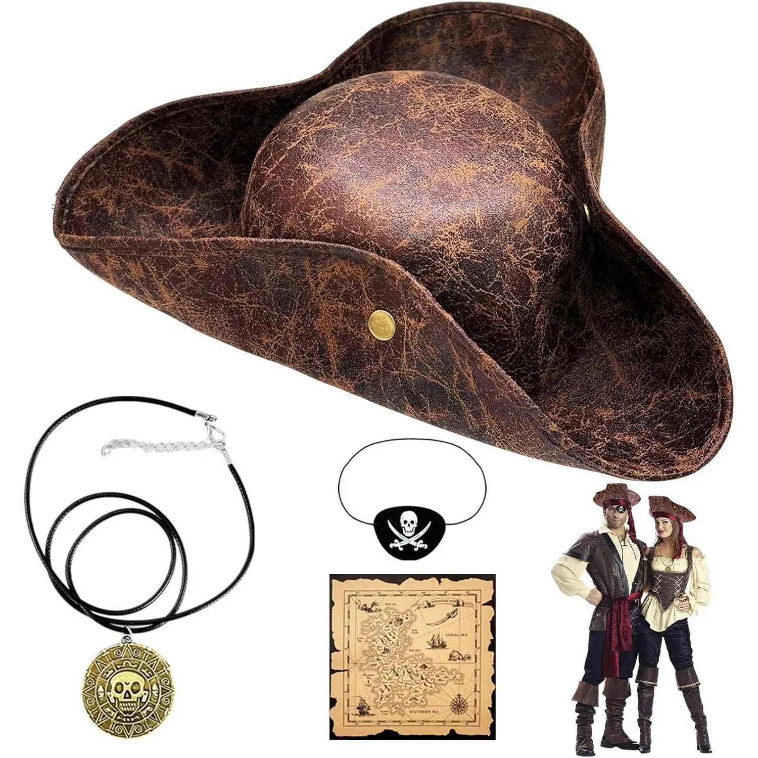 4 count Pirate Hat Costome Decoration Set With Eye Patch,Necklaces,Treasure Map,Tricorn Hat Novelty Leather Pirate Hat for Men,Women,Halloween,Costume,Accessories,,Gifts