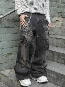 Men's Street Style Distressed Wide Leg Jeans, Loose Street Fashion Casual Comfy Pocket Denim Pants for Daily Wear, Men's Trousers for All Seasons Streetwear