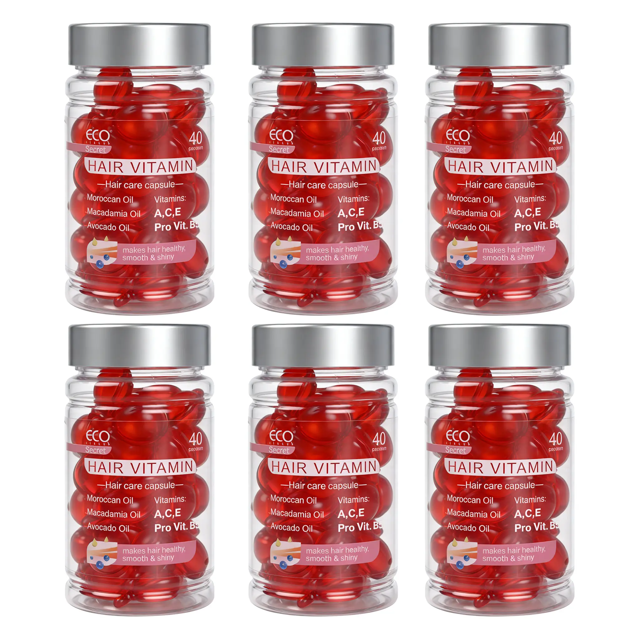 Eco Finest 6-bottle pack of hair care vitamin capsules, Moroccan argan oil moisturizing leave-in hair oil, unisex hair care product, natural hair care, Valentine's Day gift.