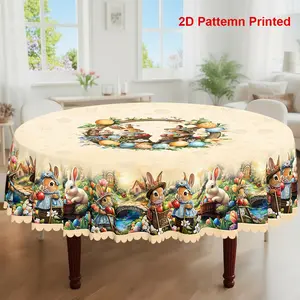 1pc, Easter Themed Party Tablecloth, Picnic Table Cover, Spring Summer Vintage Rabbit Colored Eggs Tulip Floral Printed Design, Rectangular/Round Table Cloth, Embossed Edge, Suitable For Indoor Outdoor Dining Picnic Dinner Dining Room Decoration