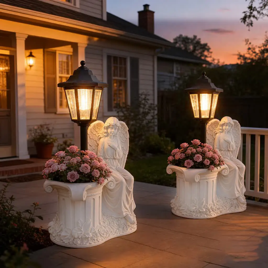 Vintage Multi-functional Solar Landscape Lamp Angel Statue - Water-resistant Outdoor Garden Flower Pot, 6-8 Hours Lighting, Gold-White Commemorative Home Decor Gift