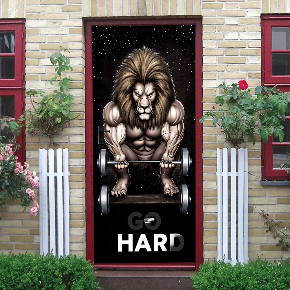 2pcs Motivational Fitness Lion Wall Sticker Muscular Lion Lifting Barbell Creative Decoration Gym Strength Training Inspirational Art Decal Home Bedroom Living Room Self Adhesive Waterproof Removable Fitn
