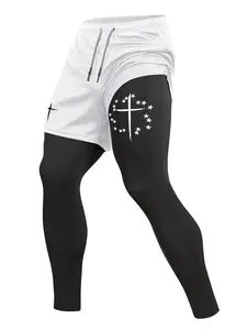 Men's Star Cross Print Athletic Stretchable Sporty 2 in 1 Compression Pants, Spring & Fall Gym Workout Fitness Tights Leggings with Phone Pocket, Zipper Pocket, Towel Loop, Athletic Running Quick Dry Baselayer Activewear