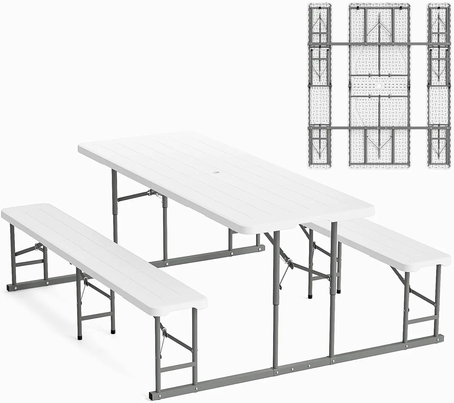 VINGLI Folding Picnic Table and Bench Set, Portable Outdoor Dining Furniture for Camping, Patio, Backyard, Wood Grain Plastic Top with Metal Frame