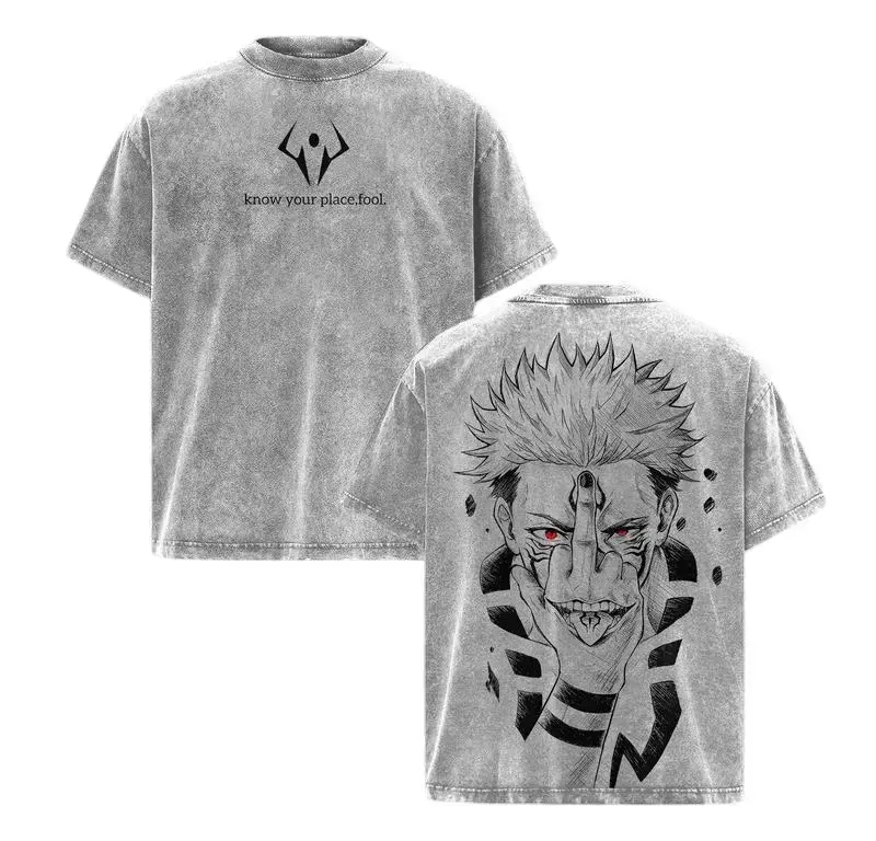 Men's Ryomen Sukuna Jujutsu Kaisen Oversized Vintage Graphic T-Shirt - Heavy Cotton Fabric, Short-Sleeve, Round Neck, Streetwear Apparel, JJK Menswear Washed Top, Shortsleeve, Tshirt, Seamless, Soft