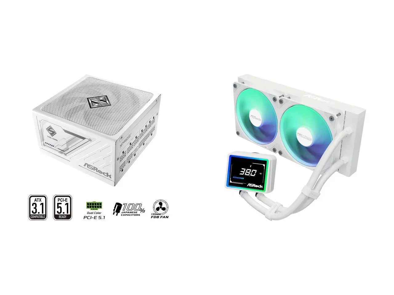 ASRock SL-1000GW Gold 1000W Full Modular Power Supply ASRock AIO Challenger White 240 Digital 27mm radiator, 3" Digital Display w/ ARGB, ARGB Hub-lighting fan, white version